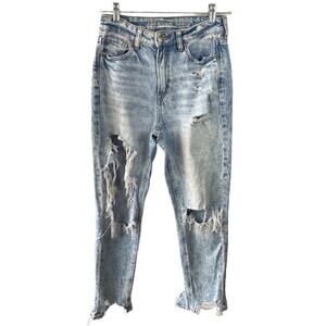 American Eagle Mom Jeans 0 Acid Wash Distressed High Rise Comfort Stretch